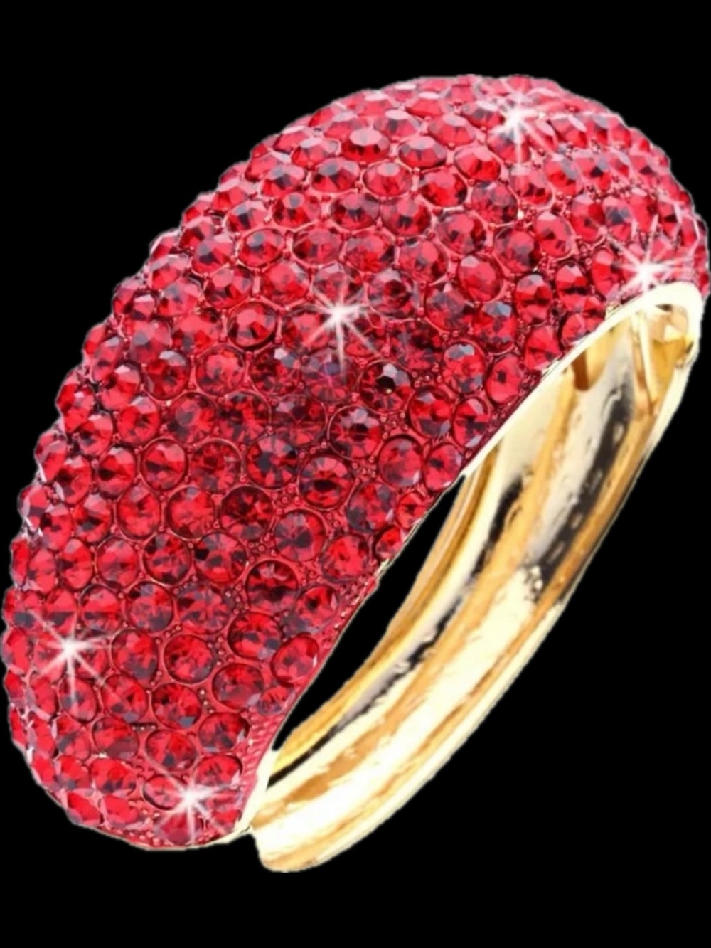 RUBY RED Pave Set Crystal Cz BLING statement piece Domed Bangle Bracelet Gold